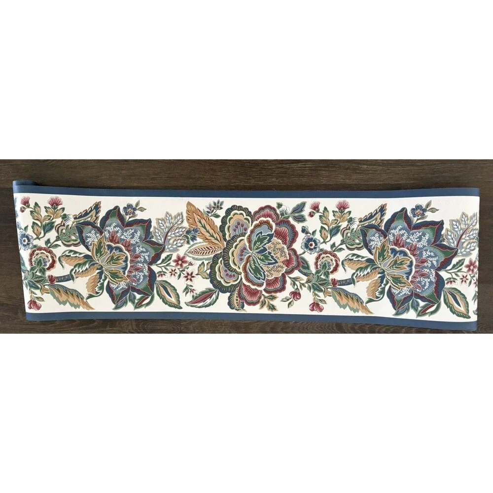 Mauve Gold Red Blue Green Jacobean Flower Floral Cream Wallpaper Border 4+ rolls